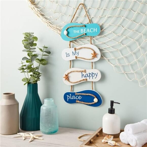 Beach Wall Decor Flip Flop Wood Sign Coastal Hanging Nautical Home Decoration - Picture 2 of 8